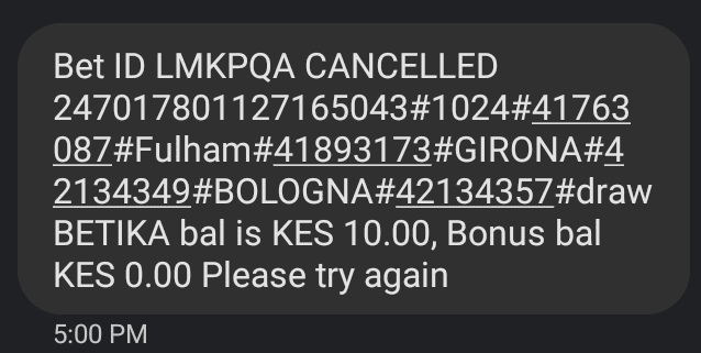 Betika bet cancellation confirmation message
