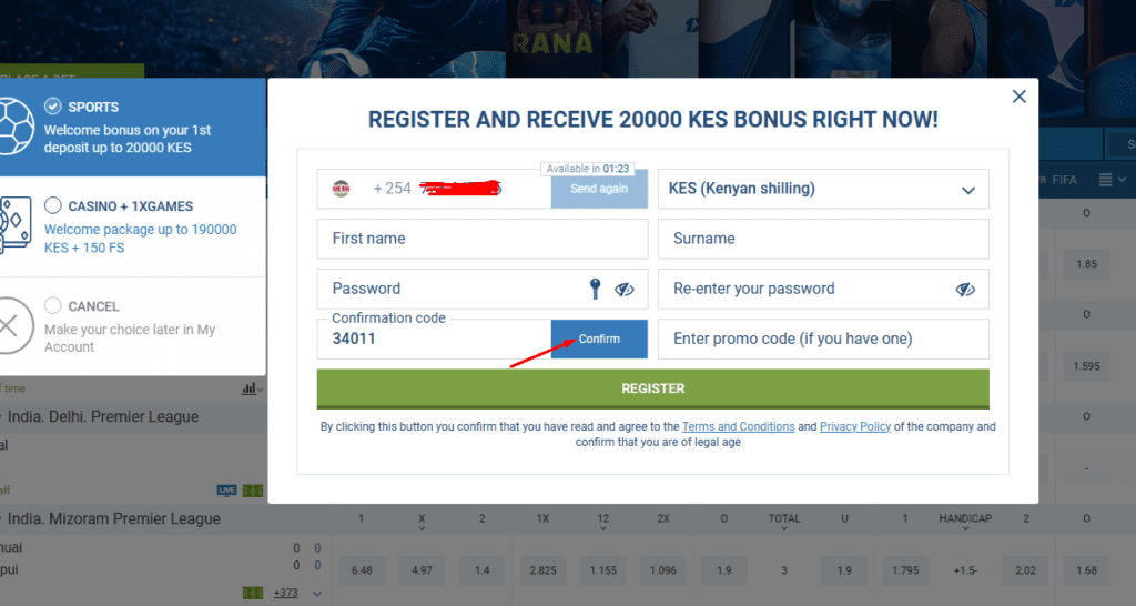 Confirming your phone number on 1xbet