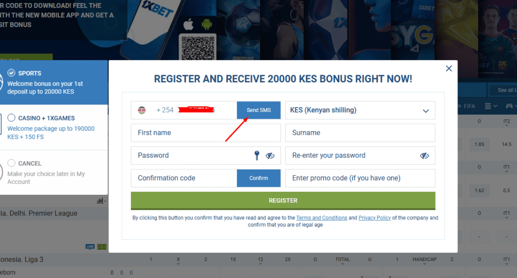 Registration process on 1xBet