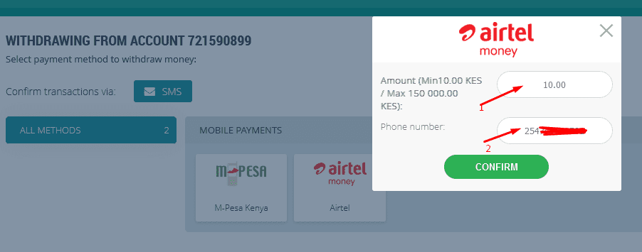 Using Airtel Money to withdraw from 22bet step 4