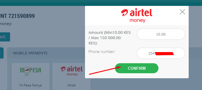 Using Airtel Money to withdraw from 22bet step 5