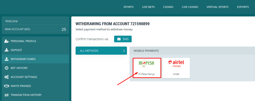Using Mpesa to withdraw from 22bet step 3