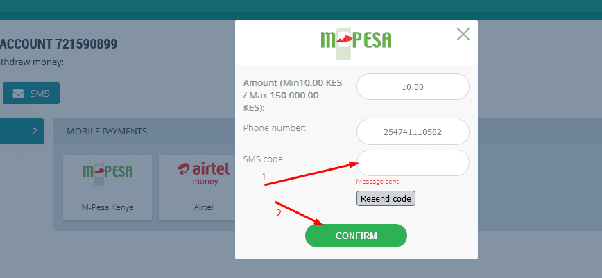 Using Mpesa to withdraw from 22bet step 6
