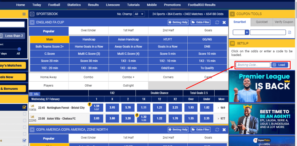 Betting code search bar in Betking